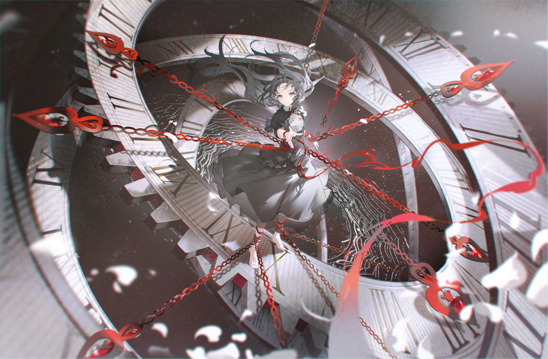 HD anime desktop wallpaper featuring Homura Akemi from Puella Magi Madoka Magica, surrounded by clock gears and red chains in a monochrome and red color scheme.