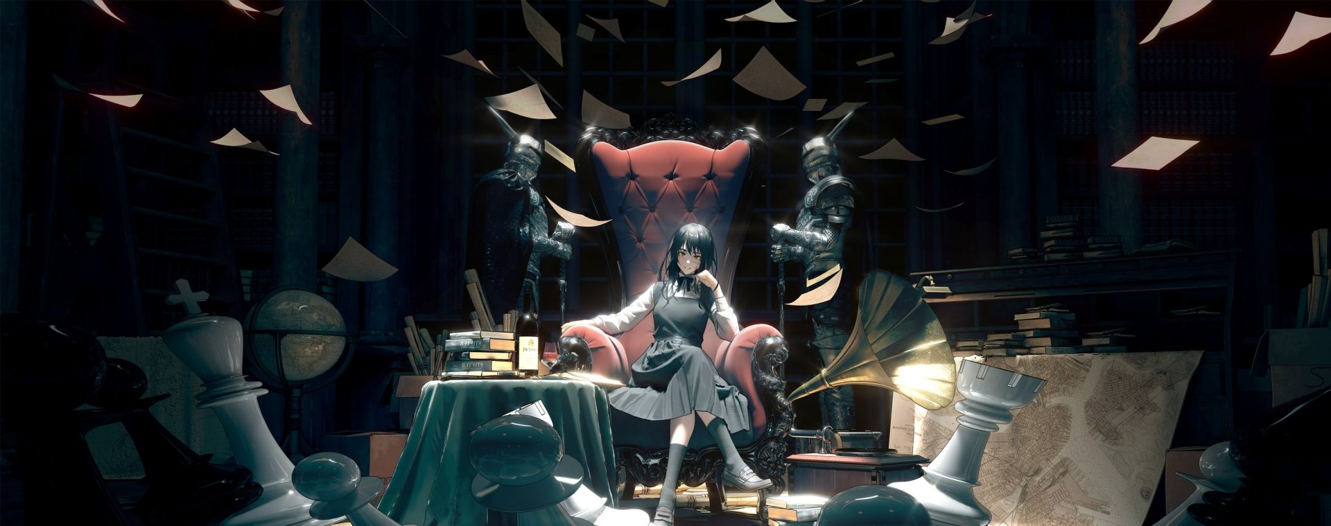 HD anime desktop wallpaper featuring Asa Mitaka, the War Devil from Chainsaw Man, seated confidently in a dim, book-filled room with scattered papers and vintage decor.