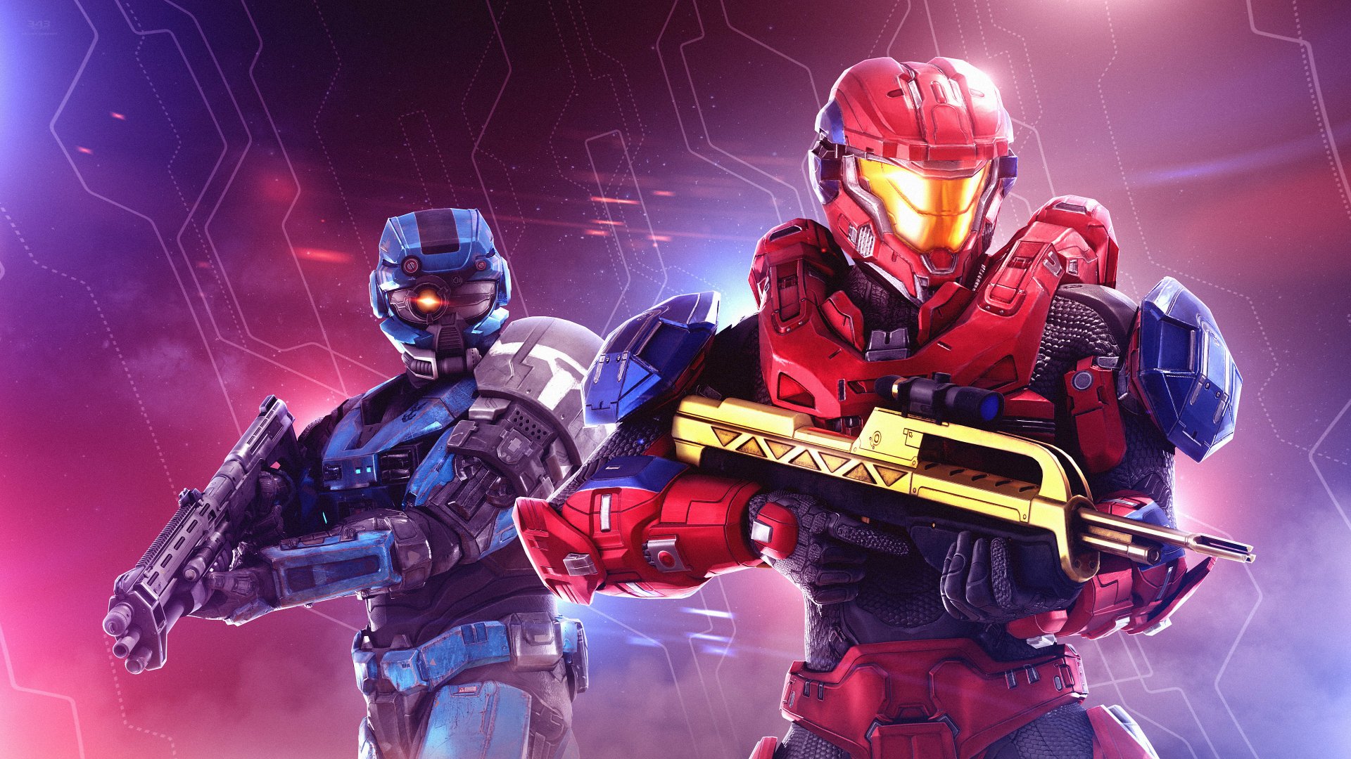 Halo video game 4K Ultra HD PC desktop wallpaper/background: two armored Spartans — red and blue — brandishing futuristic rifles against a neon sci-fi battleground.