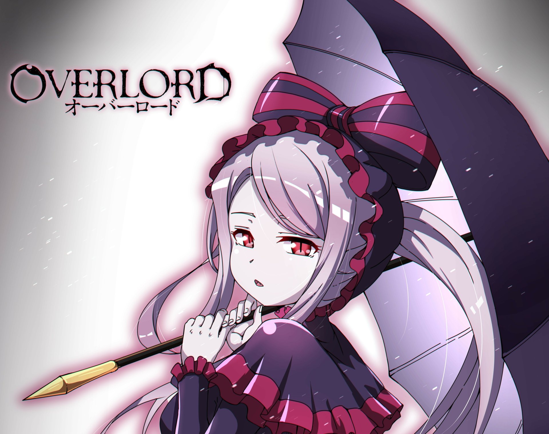 4K Ultra HD anime wallpaper featuring Shalltear Bloodfallen from Overlord, showcasing her elegant pose with a parasol against a light background.