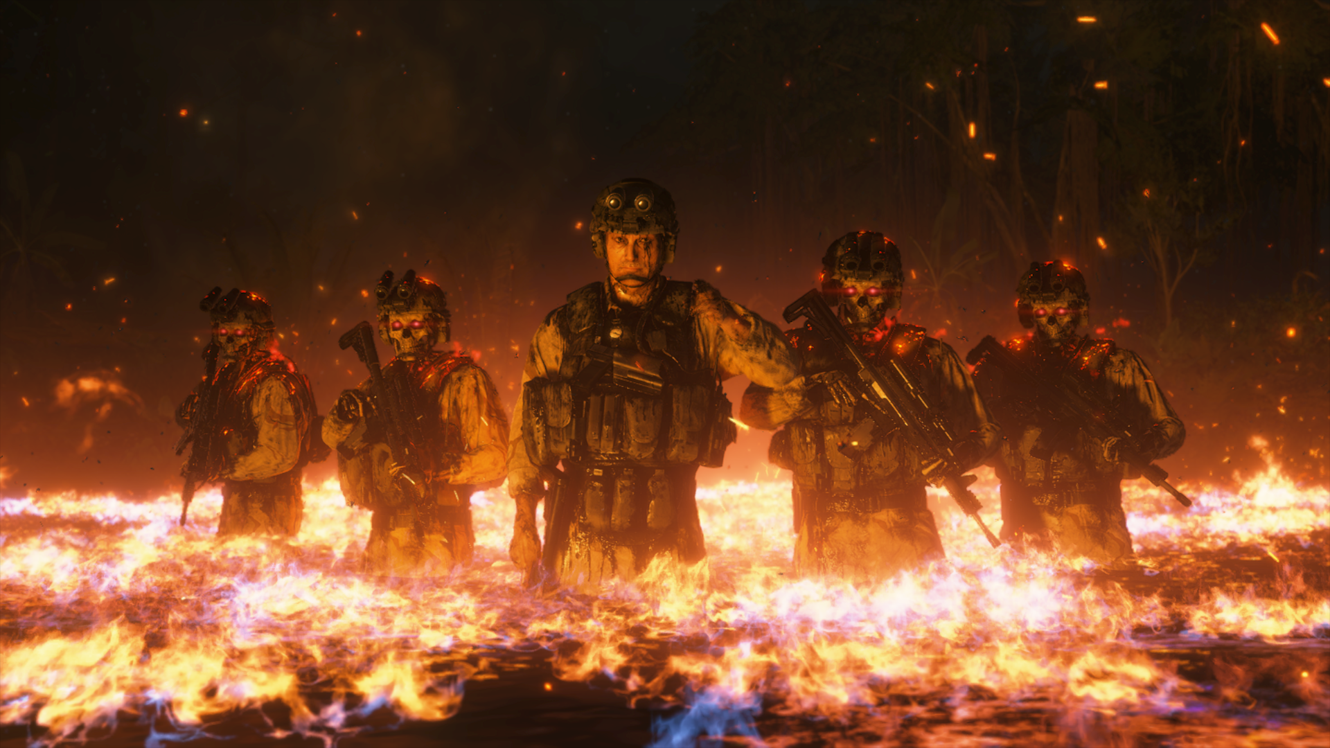 Video game HD PC desktop wallpaper — Death Stranding: a squad of armored soldiers wades through flames and embers, a central commander in tactical gear under a dark, smoky sky.