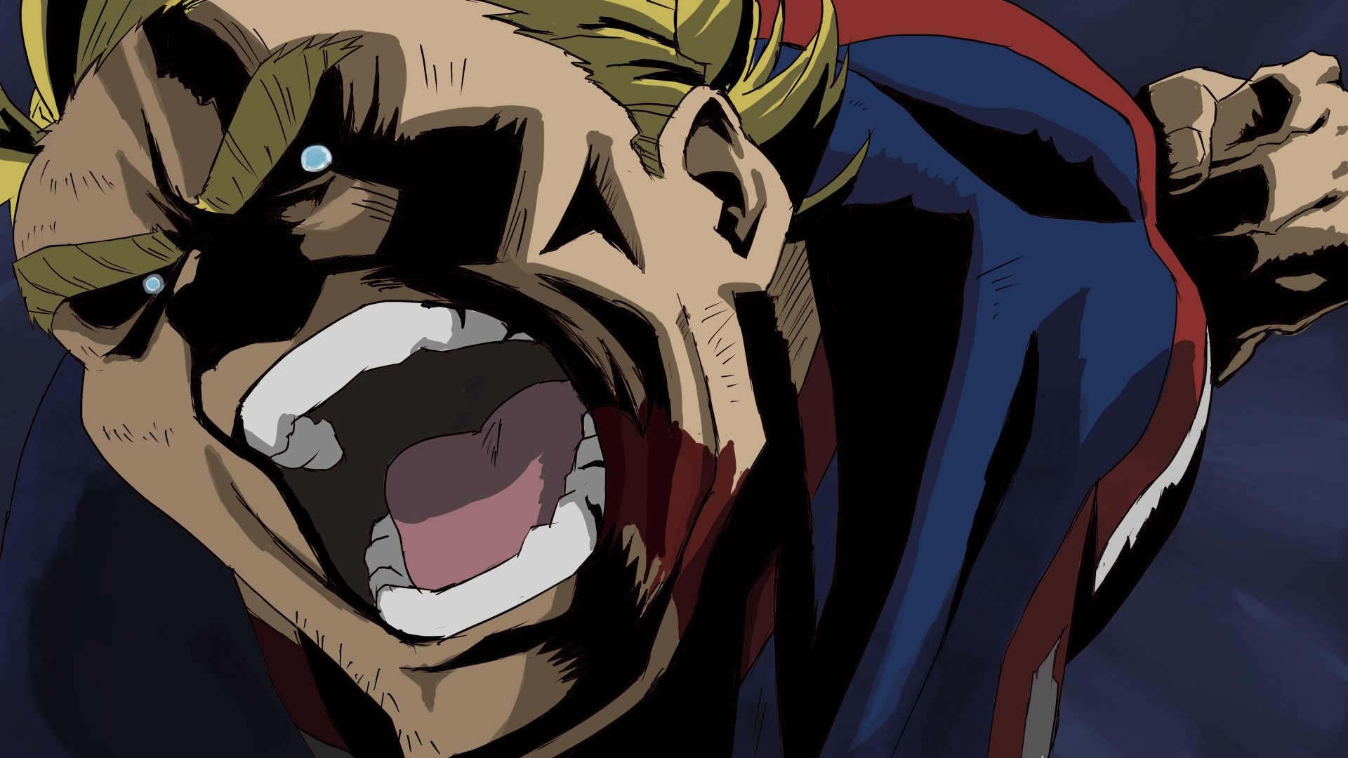 All Might from My Hero Academia in a dramatic anime close-up, roaring with fierce intensity — 4K Ultra HD PC desktop wallpaper/background.