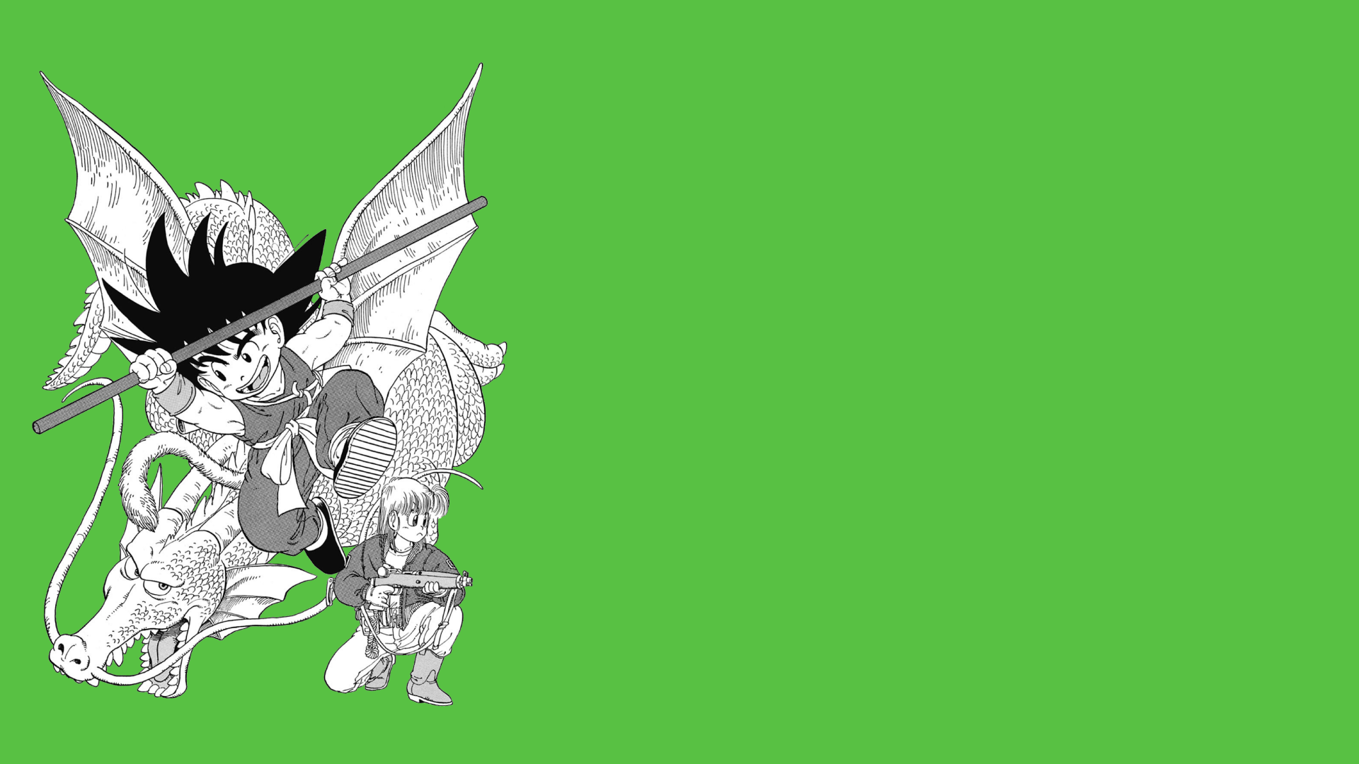 Monochrome line art of young Goku and Bulma beside a dragon on a vivid green background — Dragon Ball anime 5K Ultra HD PC desktop wallpaper.