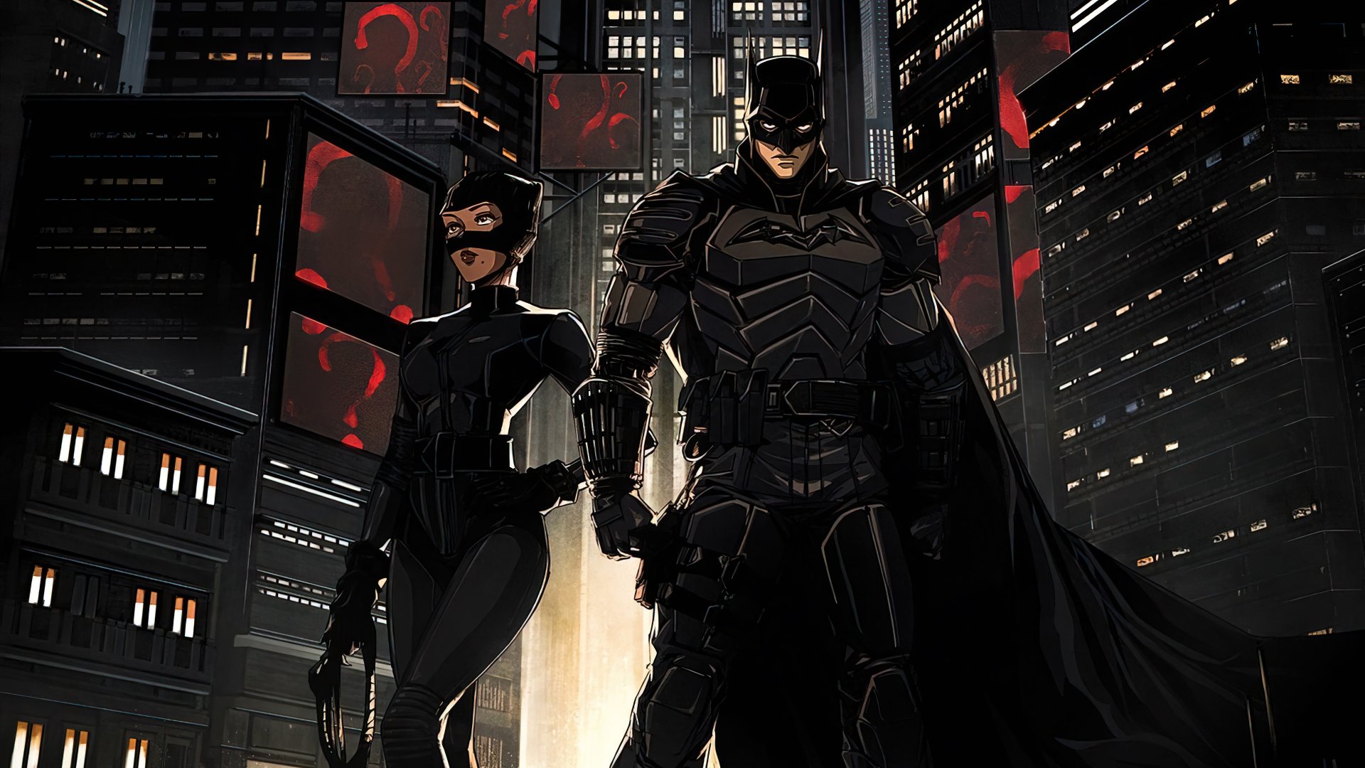 Movie The Batman 4K Ultra HD PC desktop wallpaper: armored Batman and Catwoman stand amid neon-lit Gotham skyscrapers.