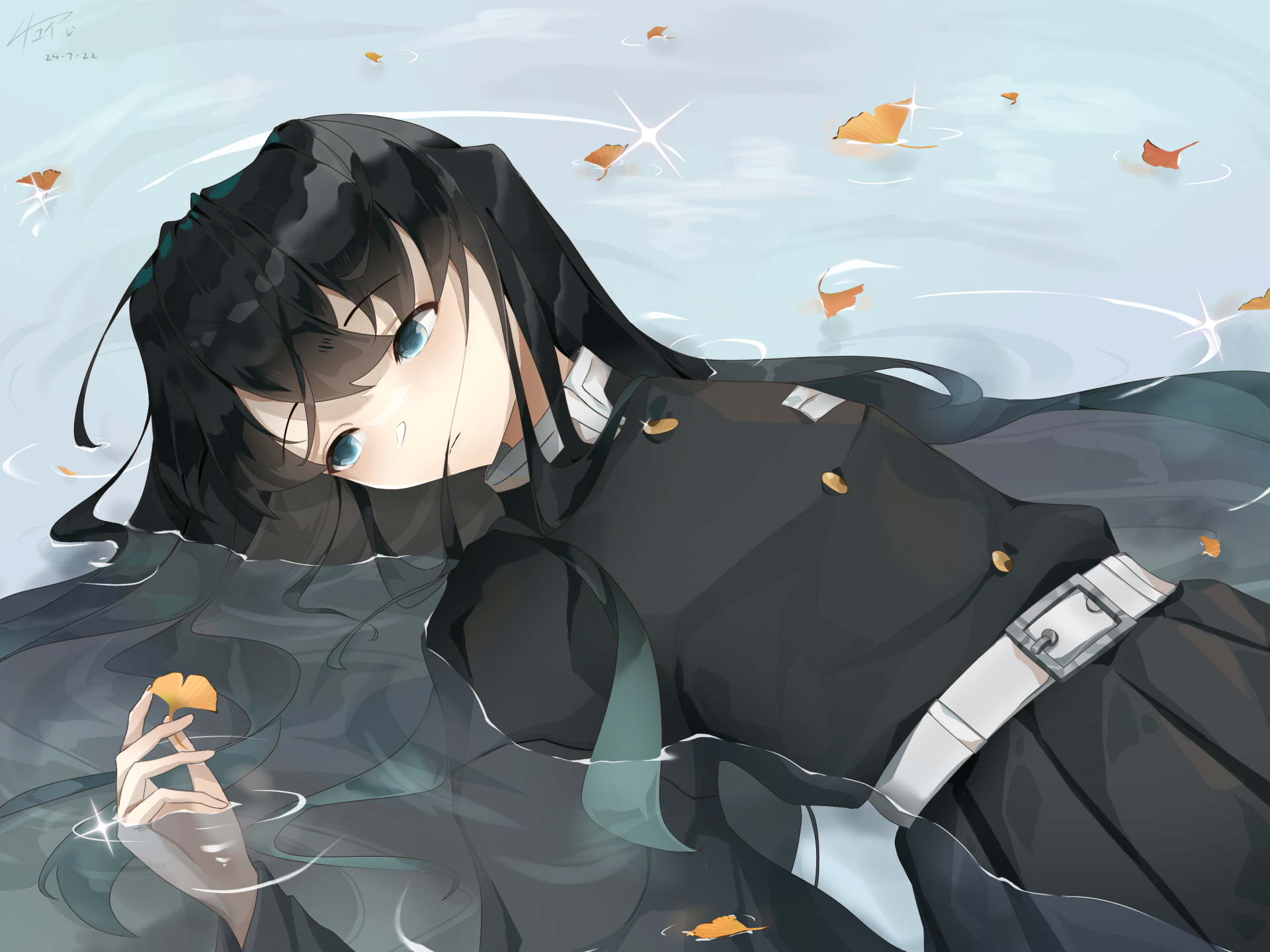 HD anime desktop wallpaper of Muichiro Tokito from Demon Slayer: Kimetsu no Yaiba, featuring him lying calmly with flowing black hair and scattered orange leaves.