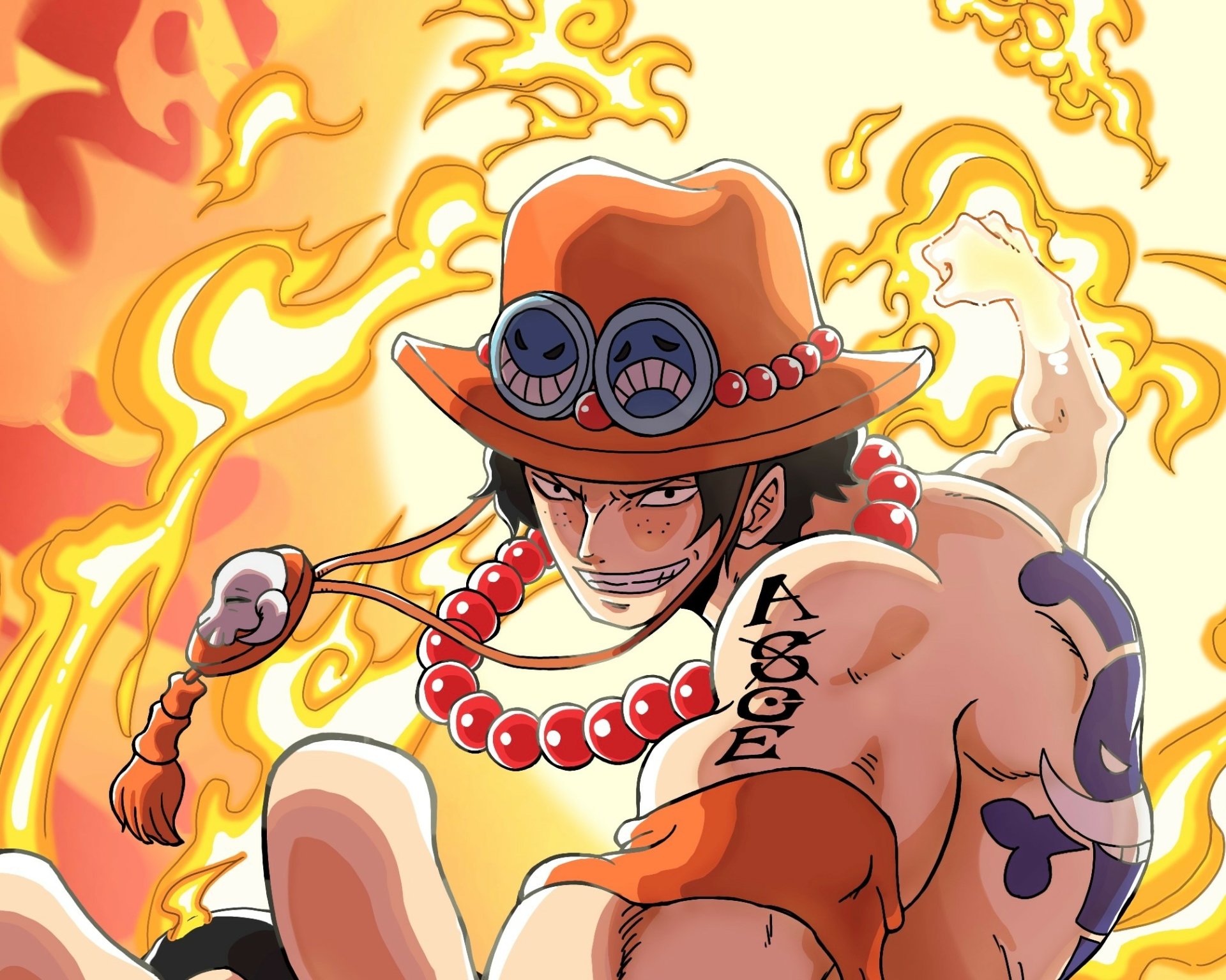 HD anime wallpaper featuring Portgas D. Ace from One Piece, surrounded by fiery flames and wearing his signature hat and beads.
