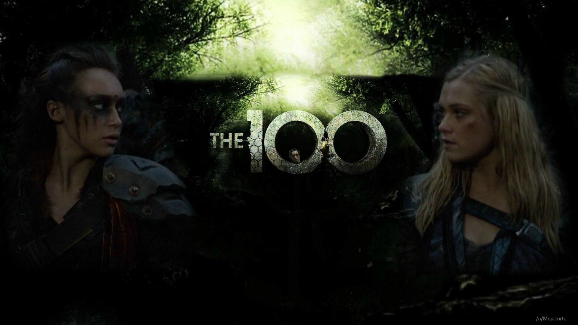 HD PC desktop wallpaper featuring characters from the TV show The 100 with the show's logo centered amid a dark, forested background.