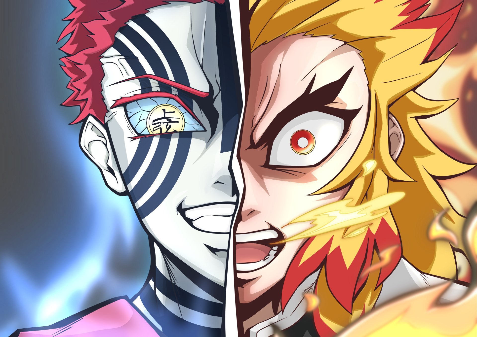 4K Ultra HD anime wallpaper featuring a dynamic split portrait of Kyojuro Rengoku and Akaza from Demon Slayer: Kimetsu no Yaiba.