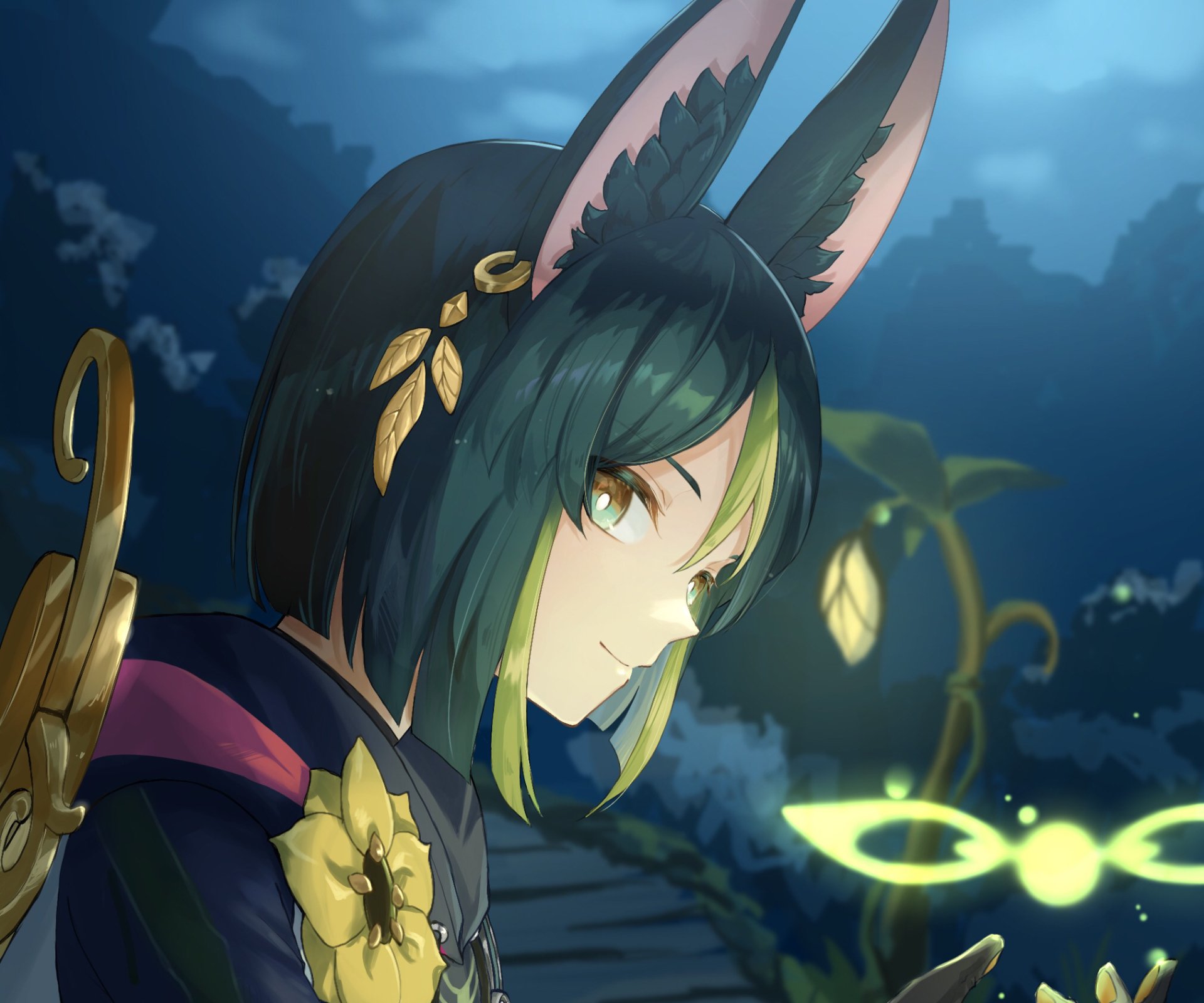 HD desktop wallpaper of Tighnari from the video game Genshin Impact, featuring his detailed green hair and glowing forest-themed background.