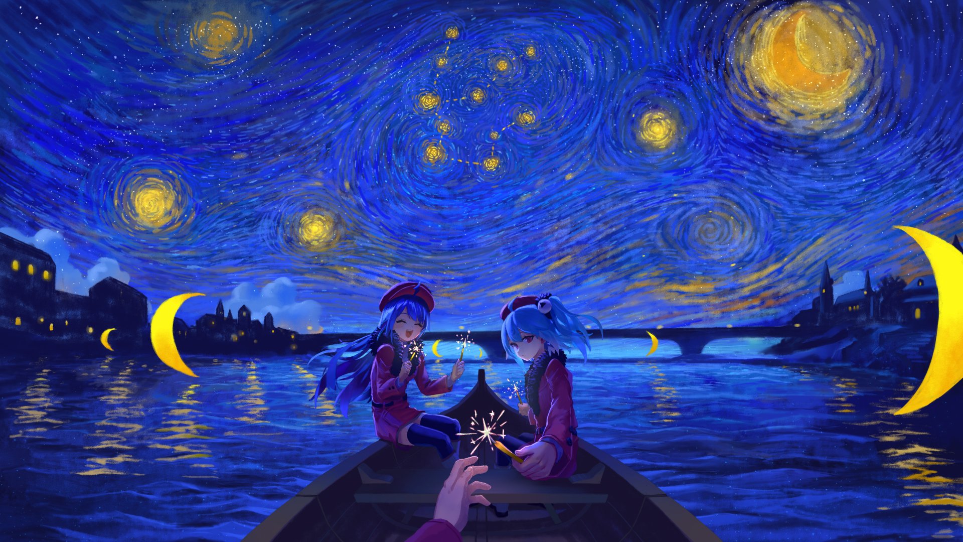 Anime-style 4K Ultra HD PC desktop wallpaper featuring two characters on a boat under a starry night sky inspired by Bili Bili Douga aesthetics.
