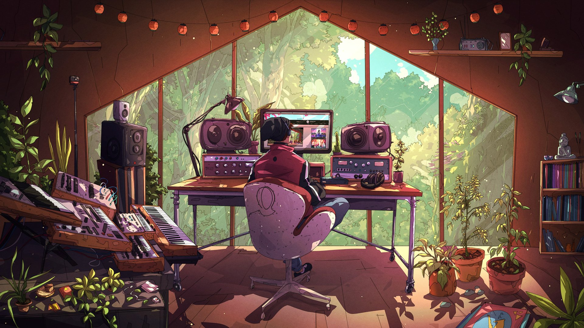 A person working in a cozy, artistic room filled with music equipment and plants, overlooking a lush green forest through large windows. A high-definition desktop wallpaper and background.