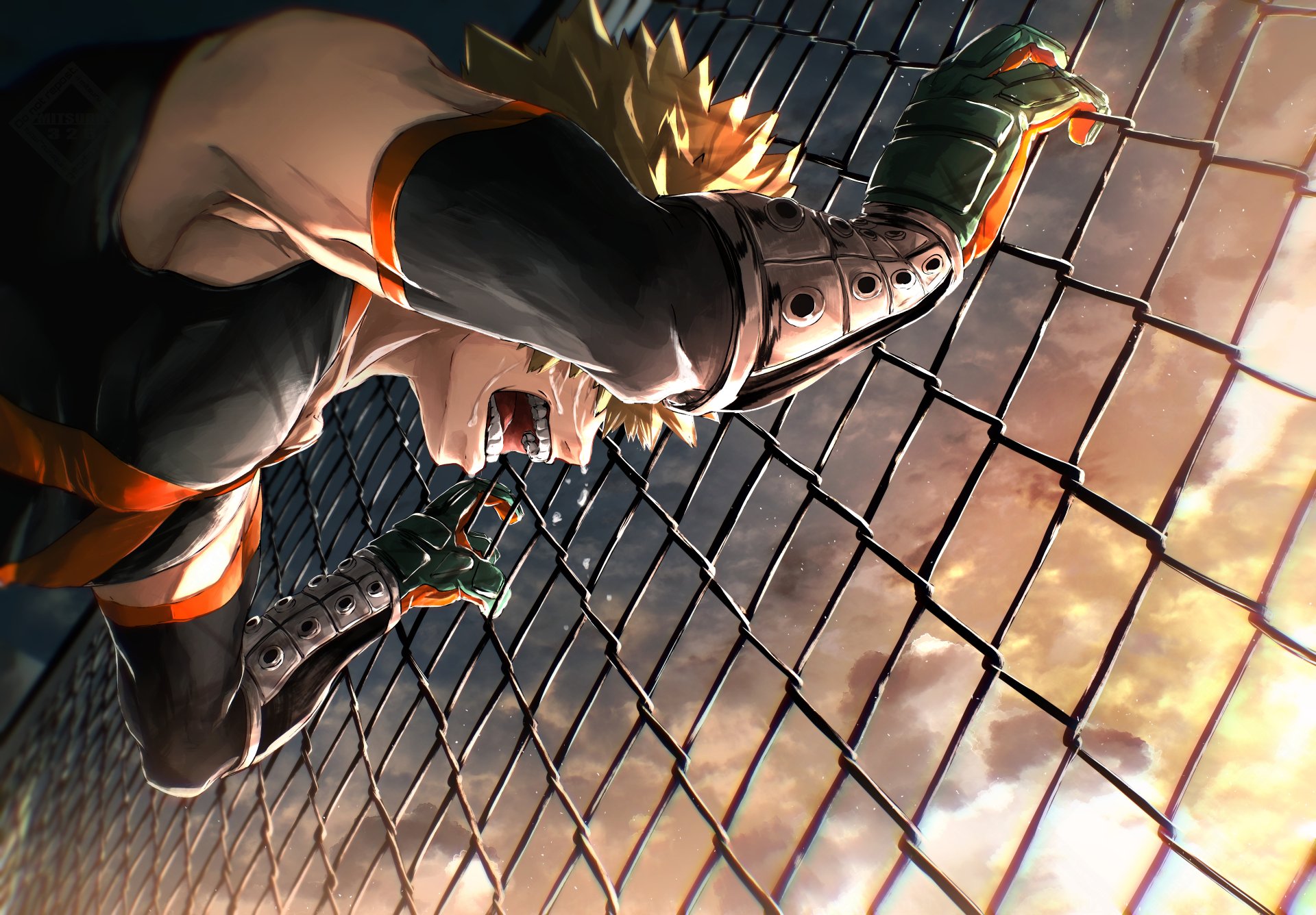 Katsuki Bakugou from My Hero Academia displayed in a dynamic 4K Ultra HD anime wallpaper, showcasing intense emotion against a chain-link fence backdrop.