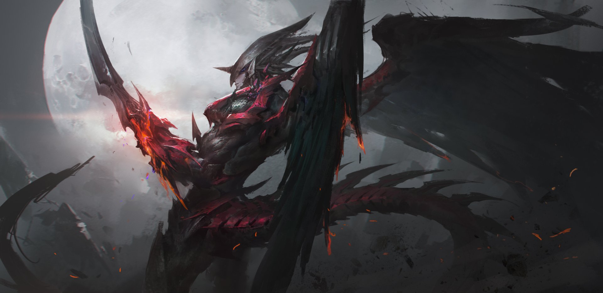 Anime Yu-Gi-Oh! 4K Ultra HD PC desktop wallpaper/background showing an ominous black dragon with glowing red fissures and tattered wings emerging from smoky skies.