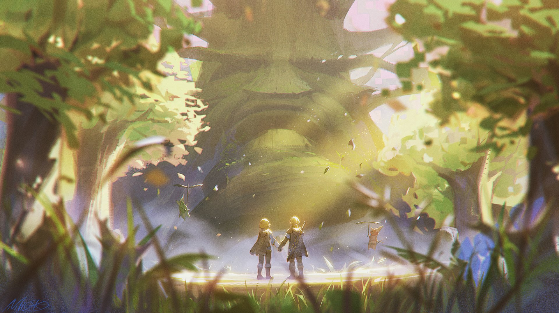 HD PC desktop wallpaper featuring a serene forest scene from the video game The Legend of Zelda: Breath of the Wild, with two characters walking hand in hand.