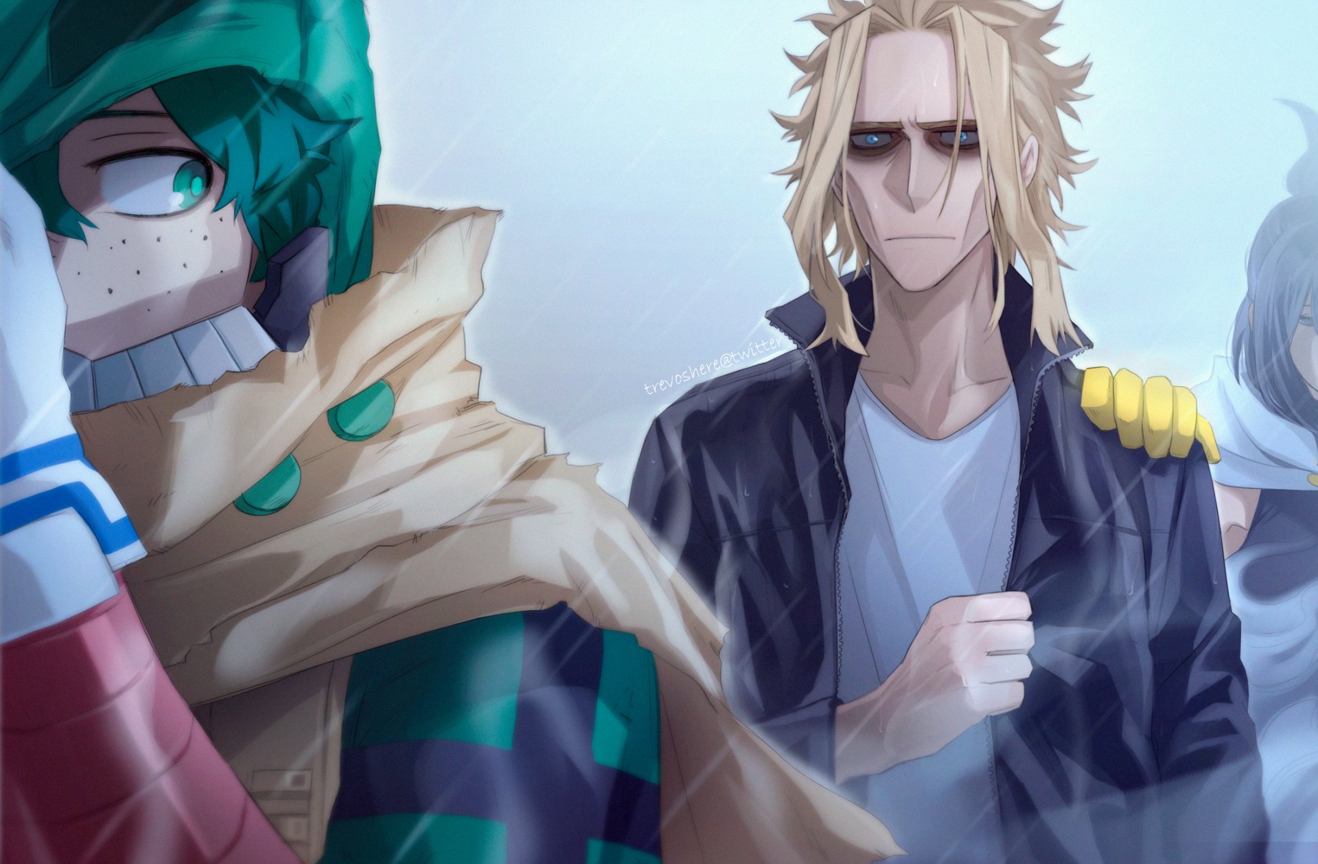 HD PC desktop wallpaper from My Hero Academia: All Might and Izuku Midoriya standing side by side in anime style with dramatic, moody lighting.