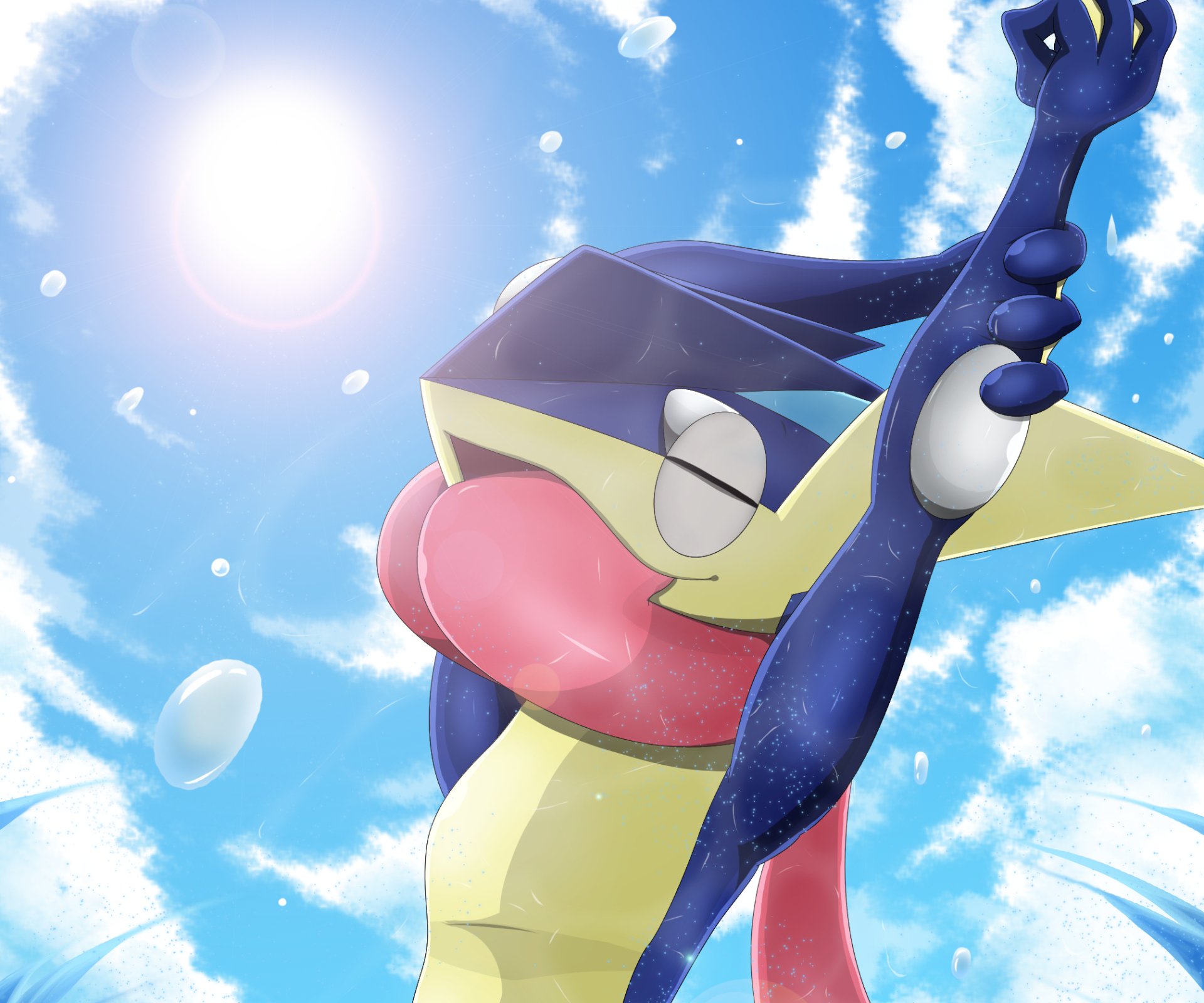 HD PC desktop wallpaper featuring Greninja from the Pokémon video game series against a bright blue sky with sunlight and clouds.