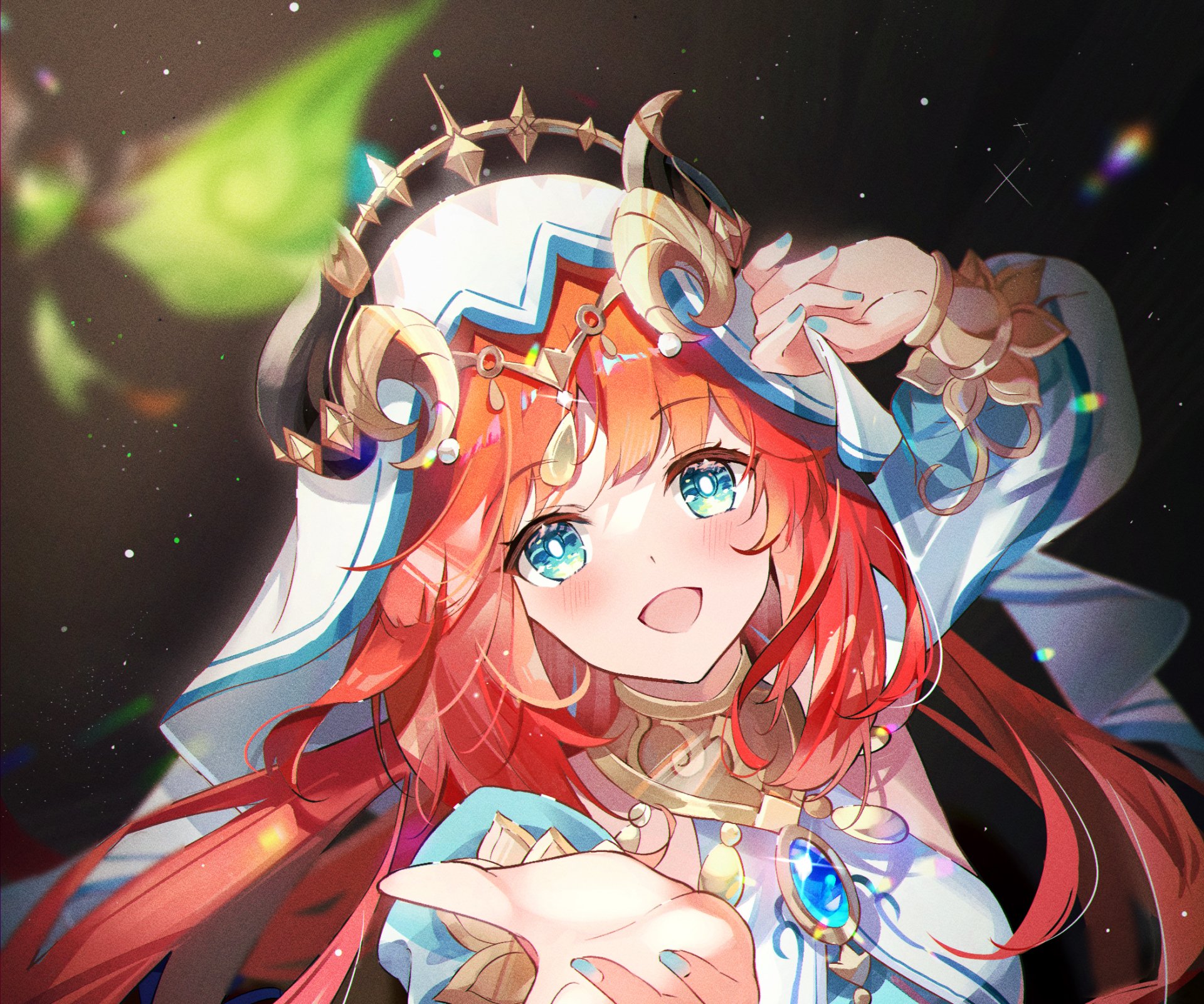 HD PC desktop wallpaper of Nilou from the video game Genshin Impact — vibrant close-up with turquoise eyes, ornate headdress and flowing red hair against a starry, luminous background.
