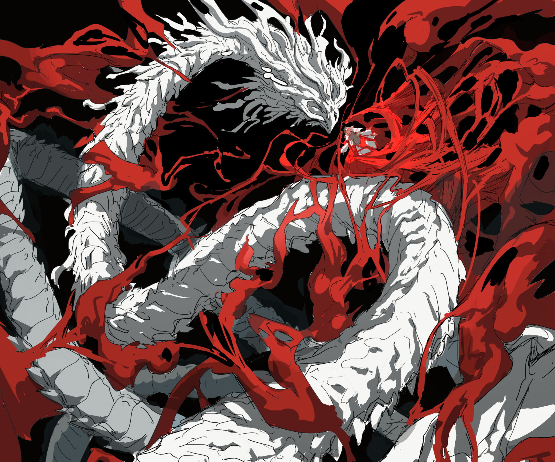 HD PC desktop wallpaper featuring dynamic, intense red and white dragon-like creatures from the anime Made in Abyss in a dark, dramatic setting.