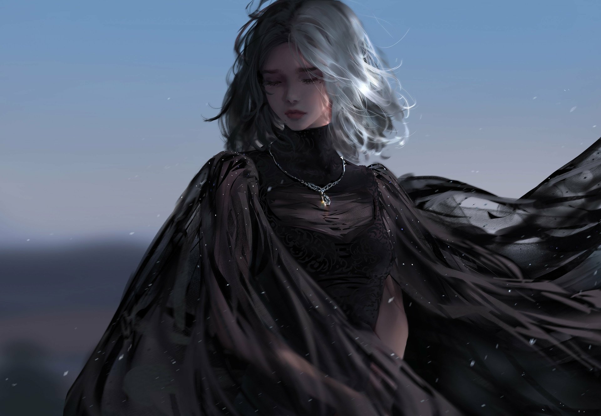 Fantasy-themed 4K Ultra HD wallpaper featuring a woman with silver hair in a flowing black garment against a muted, ethereal background.