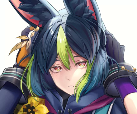 Close-up portrait of Tighnari (Genshin Impact) with teal and lime hair, fox-like ears and golden eyes — 2K Quad HD PC desktop wallpaper from the video game.