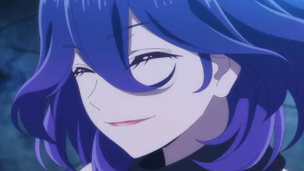 Close-up anime-style HD desktop wallpaper of Vermeil from Kinsou no Vermeil, featuring her with flowing blue hair and a gentle smile in vibrant colors.