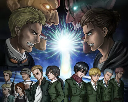 Anime Attack on Titan HD PC desktop wallpaper: two rivals glare across a blinding energy beam, with Survey Corps members lined below against a stormy, star-filled sky.