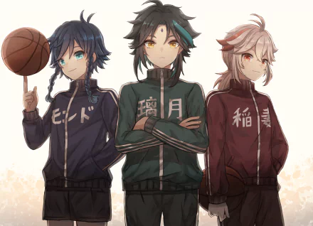 HD PC desktop wallpaper featuring Venti, Kaedehara Kazuha, and Xiao from the video game Genshin Impact, dressed in casual sporty outfits.