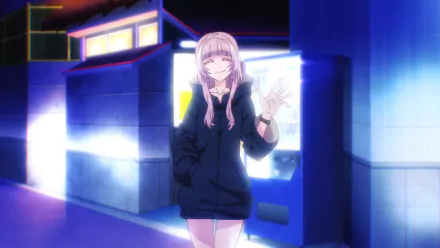 Nazuna Nanakusa from Call of the Night smiles while wearing a hoodie, set against a vibrant night scene, making for an engaging HD desktop wallpaper.