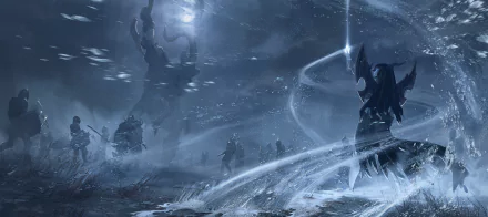 A dramatic HD desktop wallpaper from the video game King Arthur: Knight's Tale, featuring a mystical landscape with a hooded figure wielding magic and shadowy warriors in the background.