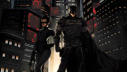 Movie The Batman 4K Ultra HD PC desktop wallpaper: armored Batman and Catwoman stand amid neon-lit Gotham skyscrapers.