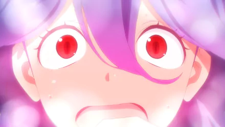 HD PC desktop wallpaper: close-up anime of Vermeil (Kinsou no Vermeil) — Vermeil in Gold with purple hair, wide red eyes and shocked, flushed expression against pink bokeh background.