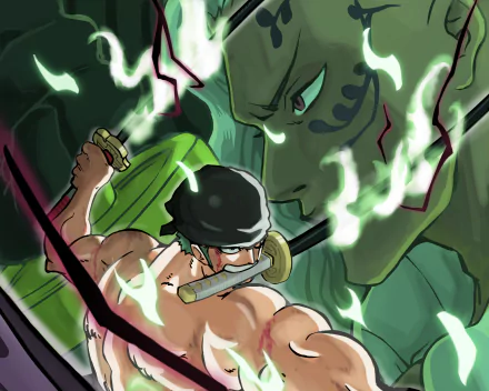 Roronoa Zoro from One Piece poised in a three-sword stance with green aura and a looming spectral foe — anime HD PC desktop wallpaper/background.