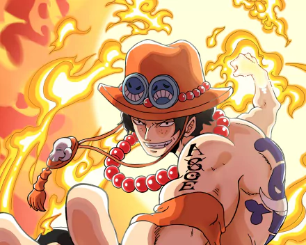 HD anime wallpaper featuring Portgas D. Ace from One Piece, surrounded by fiery flames and wearing his signature hat and beads.