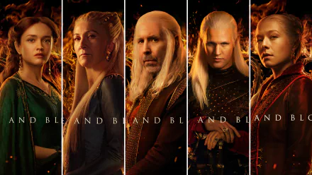 HD PC desktop wallpaper: five characters from the TV show House of the Dragon shown in vertical panels, dressed in medieval costumes and lit by flames against a dark background.