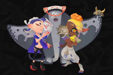 HD PC desktop wallpaper featuring Frye, Shiver, and Big Man from the video game Splatoon 3 in a dynamic group pose against a dark background.