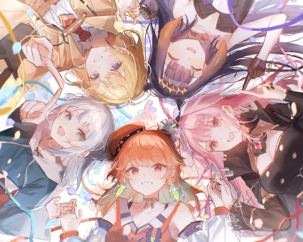 A vibrant 4K Ultra HD wallpaper featuring five Hololive virtual YouTubers, showcasing their unique styles and expressions in an engaging, colorful composition.