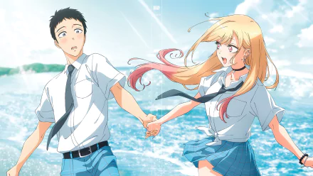 4K Ultra HD desktop wallpaper: Marin Kitagawa and Wakana Gojo, My Dress-Up Darling, holding hands by a sparkling sea with windblown hair and school uniforms.