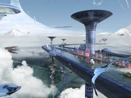 Futuristic cityscape with towering structures and flying vehicles above clouds, HD desktop wallpaper.
