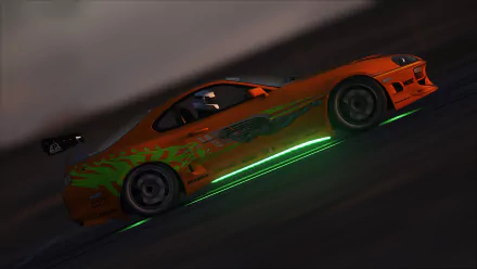 HD PC desktop wallpaper: orange Toyota Supra with green neon underglow drifting at speed in the Assetto Corsa video game.