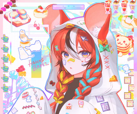 HD PC desktop wallpaper featuring hololive Virtual YouTuber Hakos Baelz in anime style — braided red-blue hair, quirky hoodie, pastel sweets and sticker-filled background.
