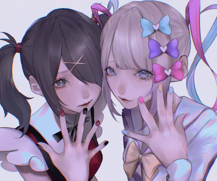 Two anime girls — Ame-chan (Needy Girl Overdose) and OMGkawaiiAngel-chan — reach toward the viewer in pastel vs. dark tones. 2K Quad HD PC desktop wallpaper, video game NEEDY GIRL OVERDOSE.