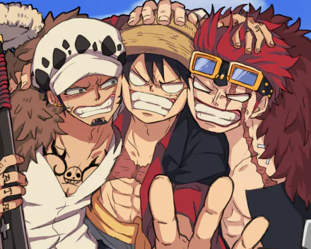 HD anime desktop wallpaper featuring Eustass Kid, Monkey D. Luffy, and Trafalgar Law from One Piece, all smiling with fierce expressions and dynamic poses.