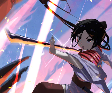 Yamato Mikoto from Is It Wrong to Try to Pick Up Girls in a Dungeon? readying a spear mid-attack against a streaked pink and blue sky — HD anime desktop wallpaper.