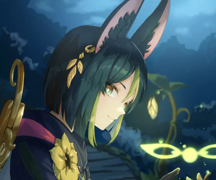 HD desktop wallpaper of Tighnari from the video game Genshin Impact, featuring his detailed green hair and glowing forest-themed background.