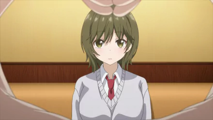 HD PC desktop wallpaper of Isana Higashira from anime My Stepmom's Daughter Is My Ex — seated in school uniform with green hair and red tie, neutral expression against a warm interior background.