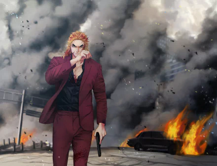Shinjuro Rengoku from the anime Demon Slayer: Kimetsu no Yaiba in a crimson suit amid burning wreckage and smoke — dramatic 2K Quad HD PC desktop background.
