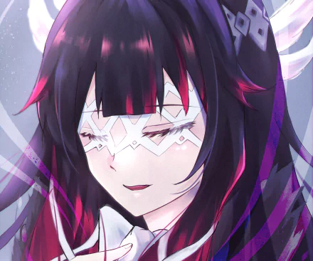 Close-up of Columbina (Genshin Impact) wearing a white decorative eye mask, dark purple hair with magenta streaks and a serene smile — HD PC desktop wallpaper and video game background.