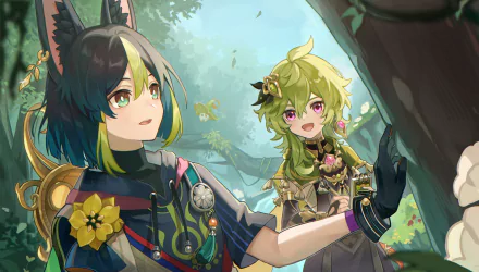 Collei and Tighnari from Genshin Impact are depicted in a vibrant forest setting in this 4K Ultra HD PC desktop wallpaper.