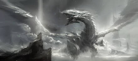 Epic monochrome Blue-Eyes White Dragon (Yu-Gi-Oh!) roaring above storm clouds, light beam piercing the sky — 4K Ultra HD anime PC desktop wallpaper and background