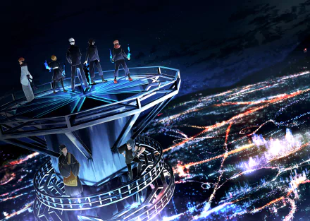 A stunning 4K Ultra HD desktop wallpaper featuring characters from the anime Jujutsu Kaisen standing on a futuristic structure overlooking a cityscape at night.